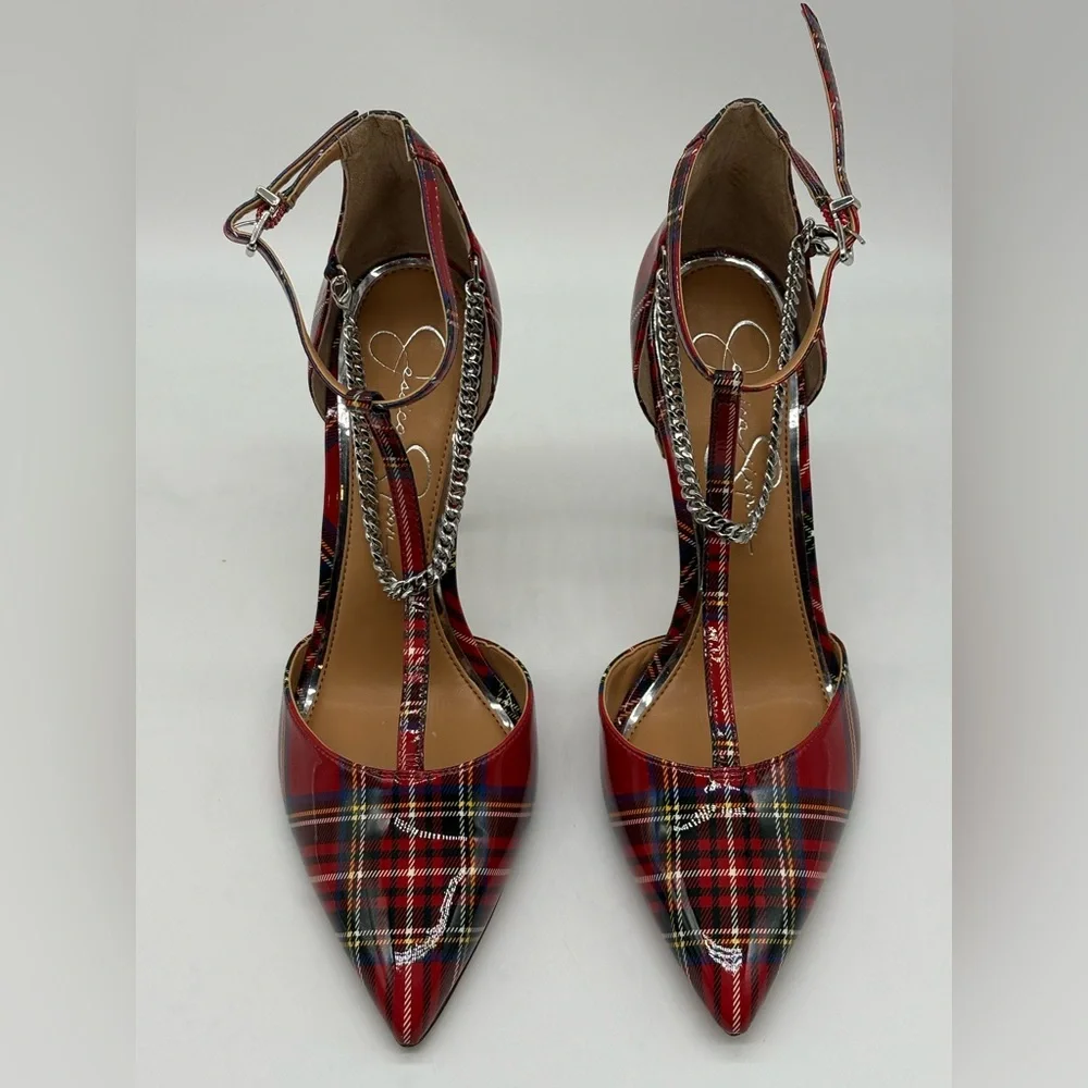 Jessica Simpson Red Plaid Heels with Chain Detail - Picture 2 of 7